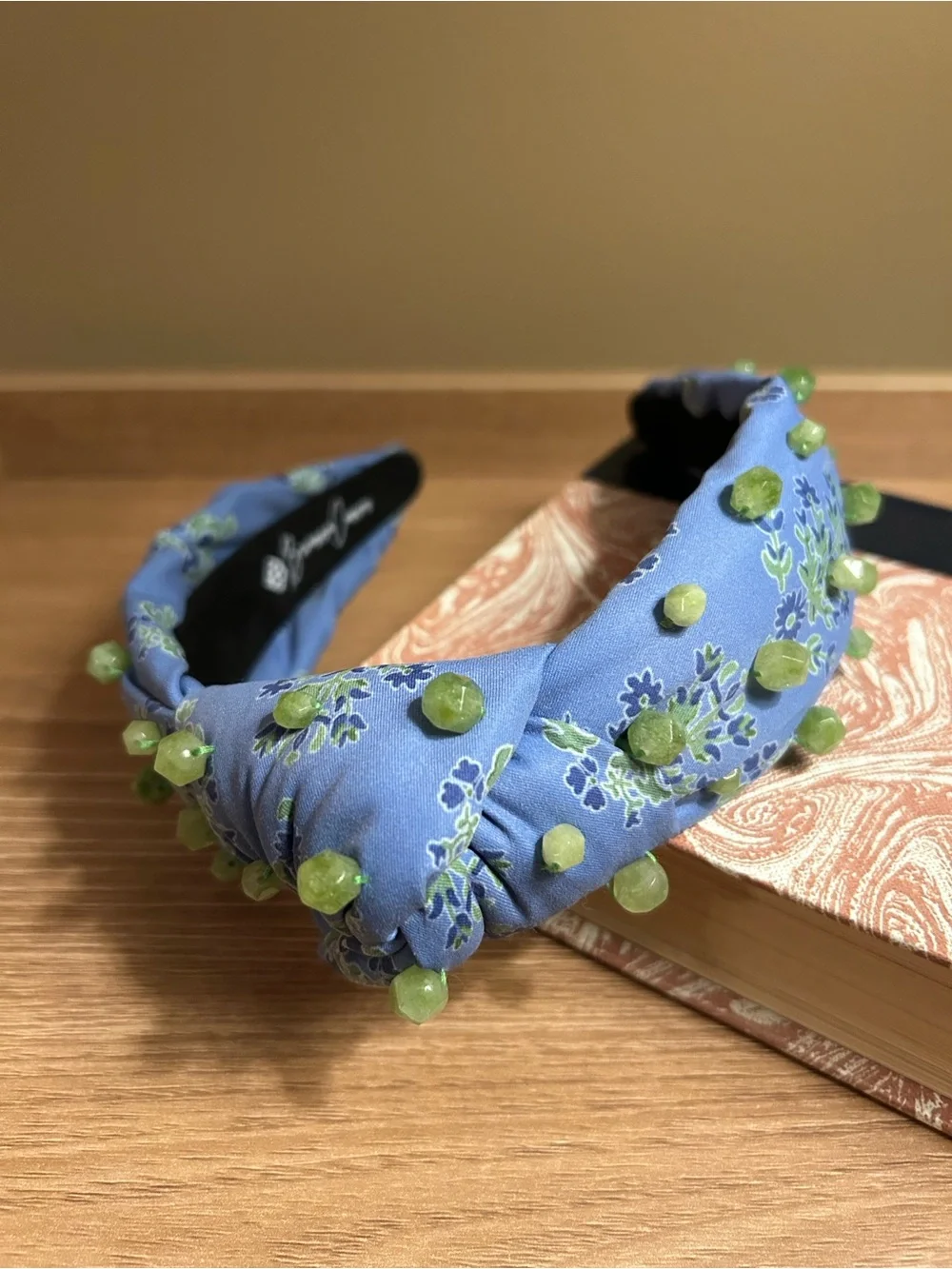 Brianna Cannon Blue Floral Twist Knot Headband with Green Stone Bead Detailing